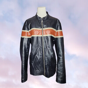 Wilsons Leather M Julian Cafe Racer Striped Grunge Motorcycle Biker Jacket Sz L